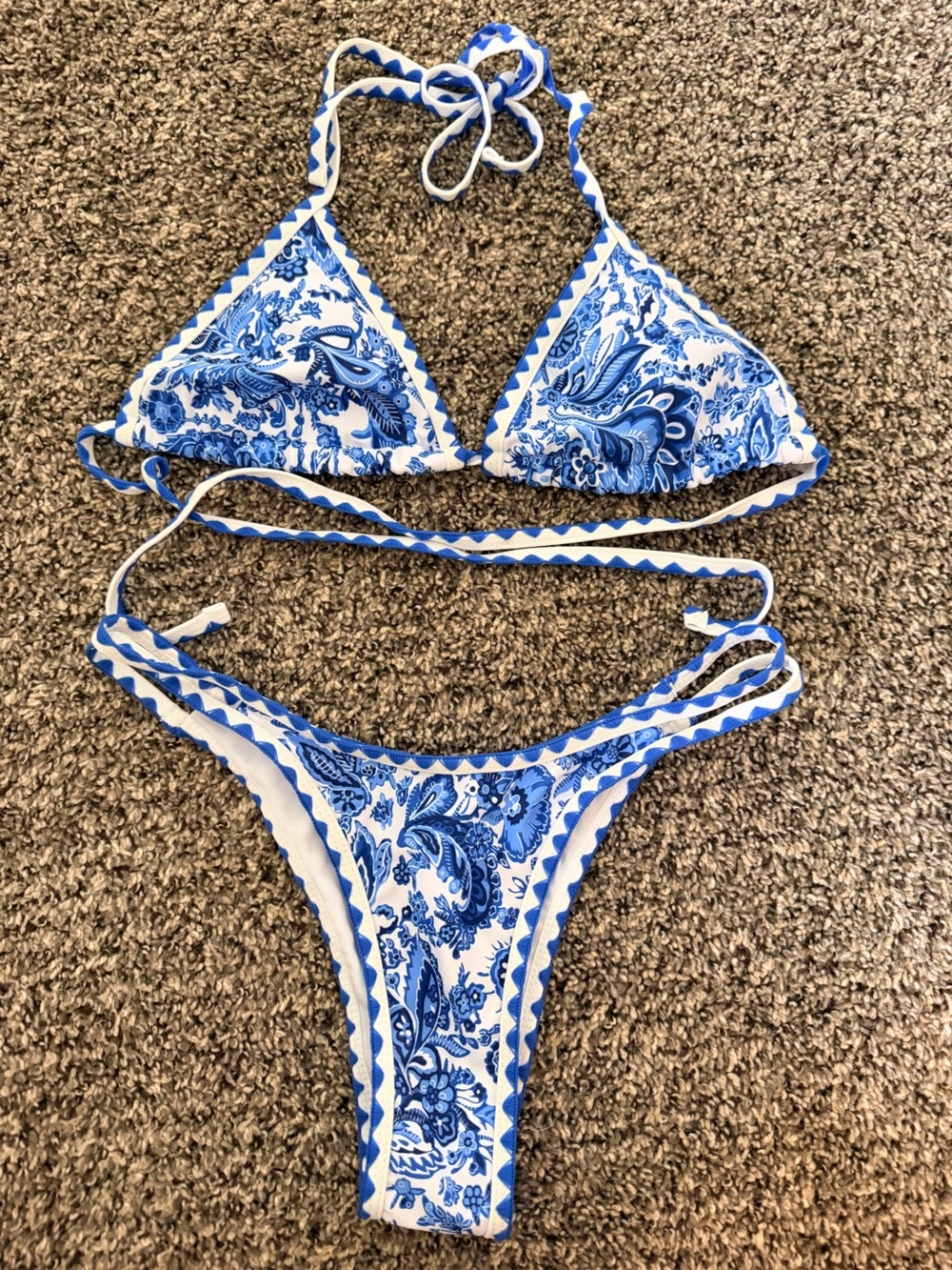 Blue and White Paisley Triangle Bikini Set - Women Swim